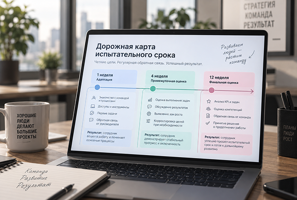 дорожная карта испытательного срока: точки контроля на 1, 4 и 12 неделях работы
