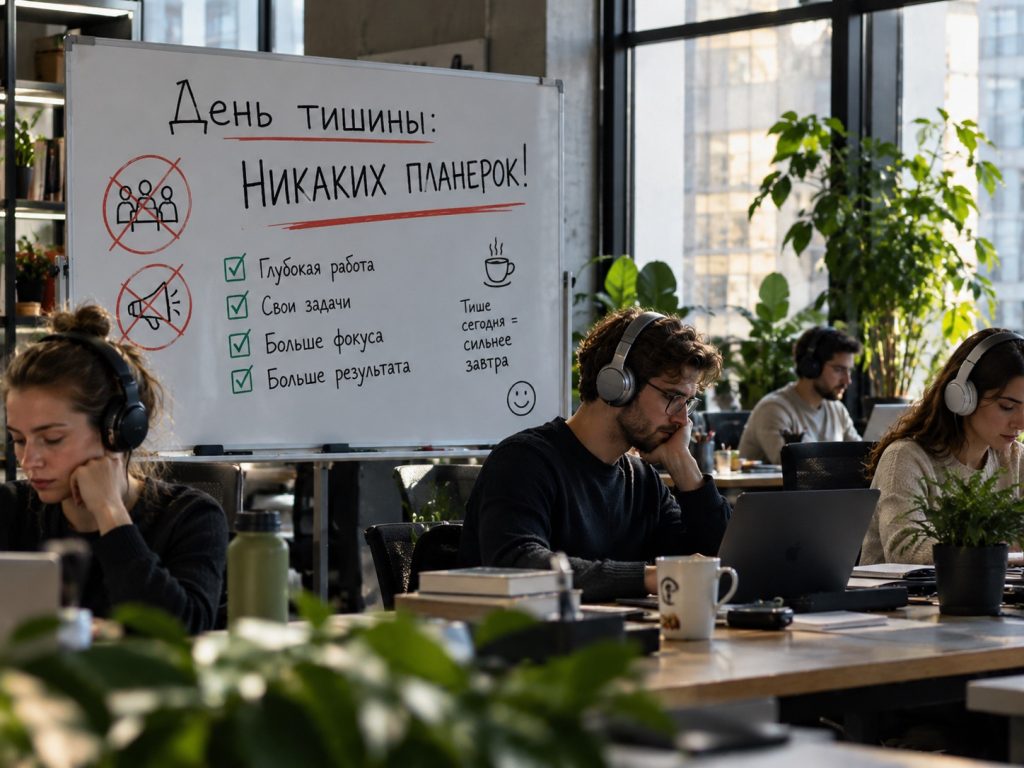 Доска в офисе с надписью "День тишины: никаких планерок!", на фоне которой сотрудники расслабленно работают в наушниках